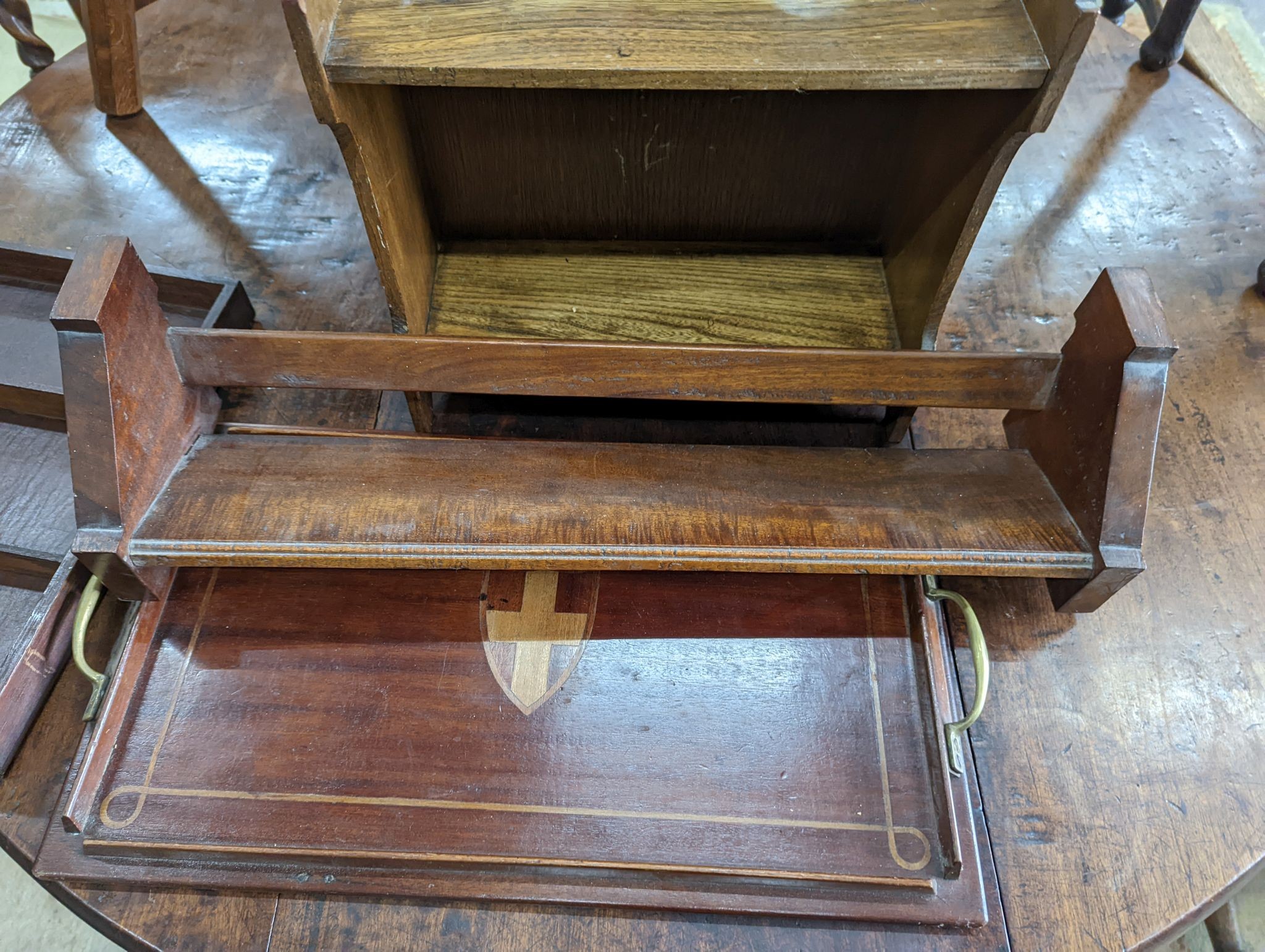 Four assorted stools, two trays, a bookstand and a wall shelf